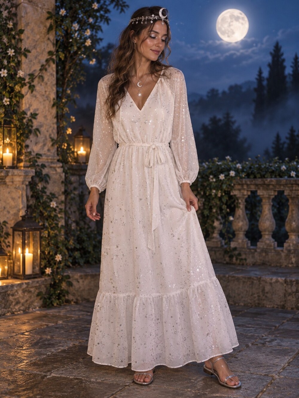 NWT Gap S Tall White Silver Celestial Star Moon Maxi Dress